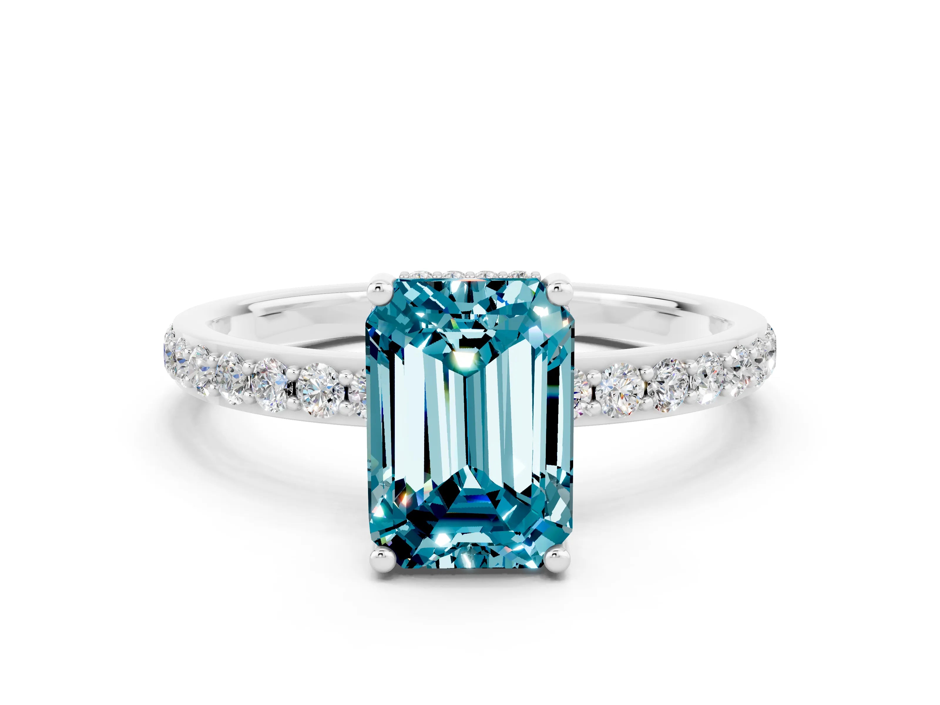 White gold Emerald Cut Blue Topaz Solitaire Ring with Pavé Band and Hidden Halo_47
