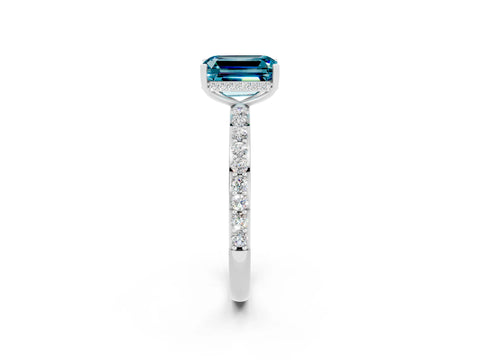 White gold Emerald Cut Blue Topaz Solitaire Ring with Pavé Band and Hidden Halo_49