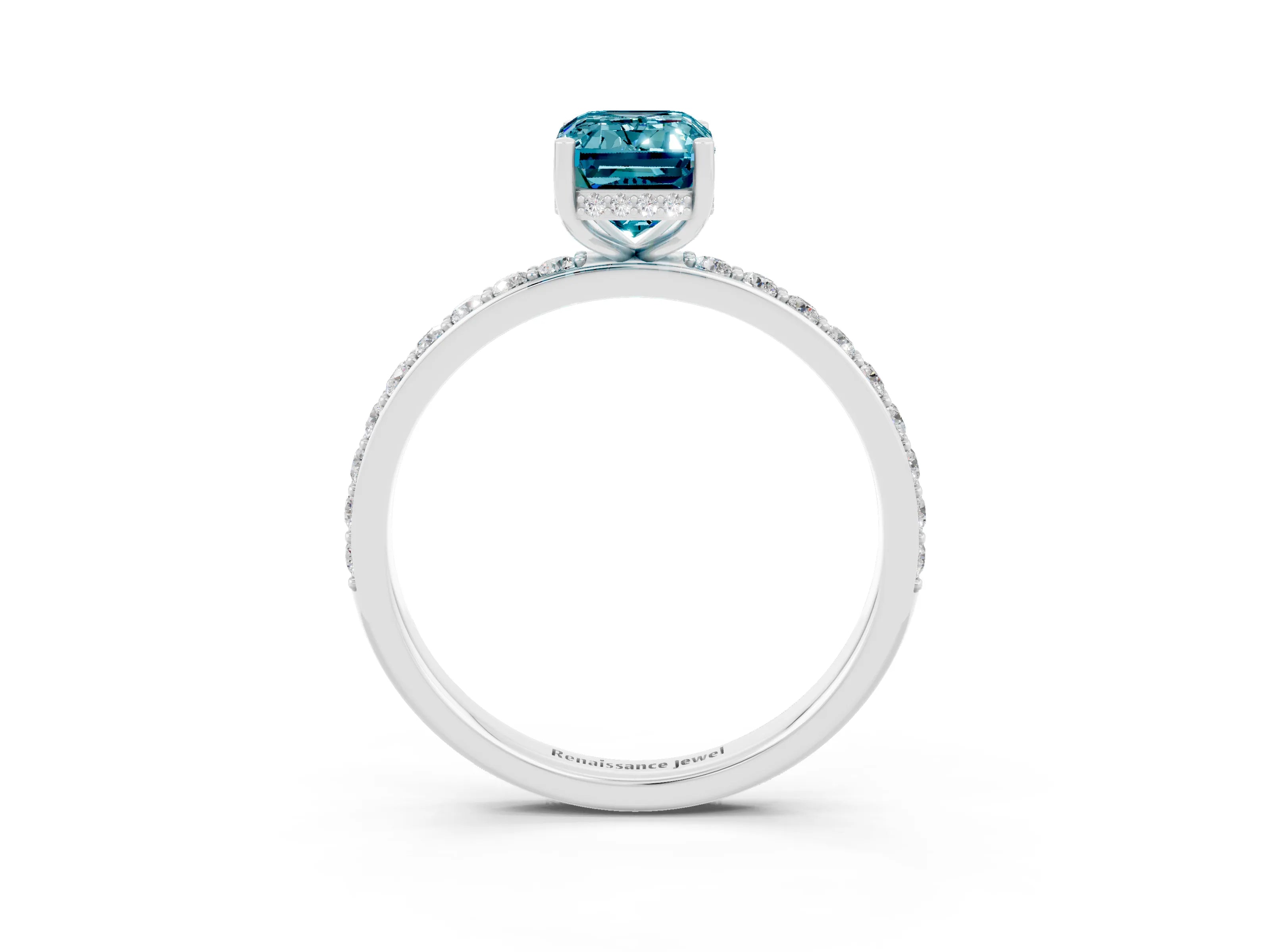 White gold Emerald Cut Blue Topaz Solitaire Ring with Pavé Band and Hidden Halo_50