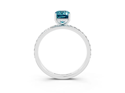 White gold Emerald Cut Blue Topaz Solitaire Ring with Pavé Band and Hidden Halo_50
