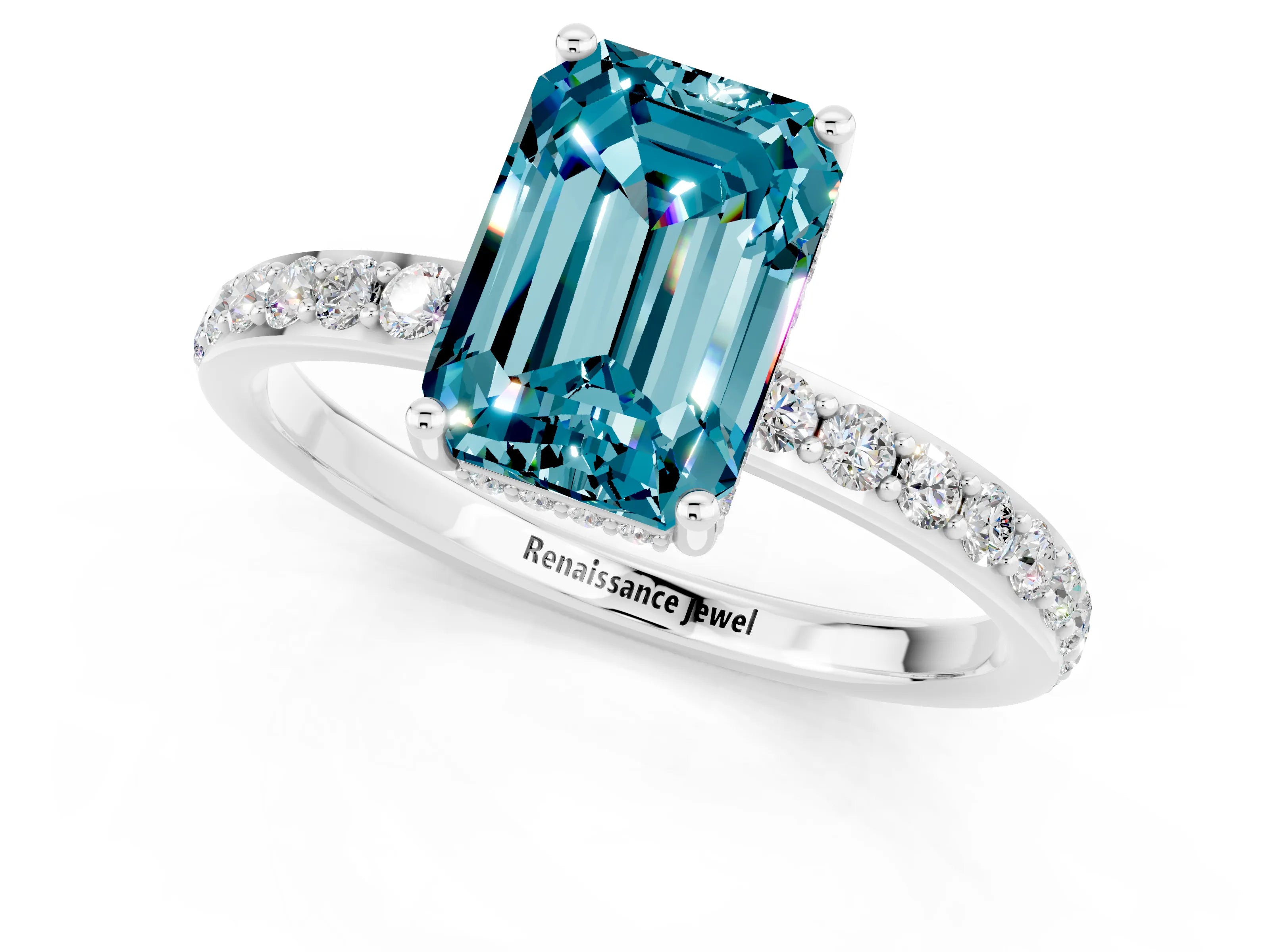 White gold Emerald Cut Blue Topaz Solitaire Ring with Pavé Band and Hidden Halo_62
