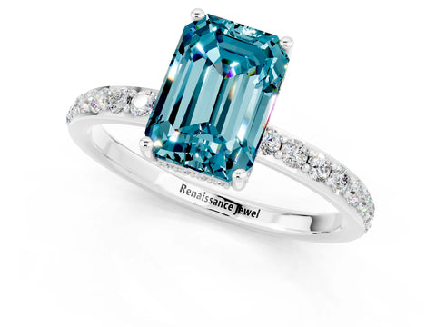 White gold Emerald Cut Blue Topaz Solitaire Ring with Pavé Band and Hidden Halo_62