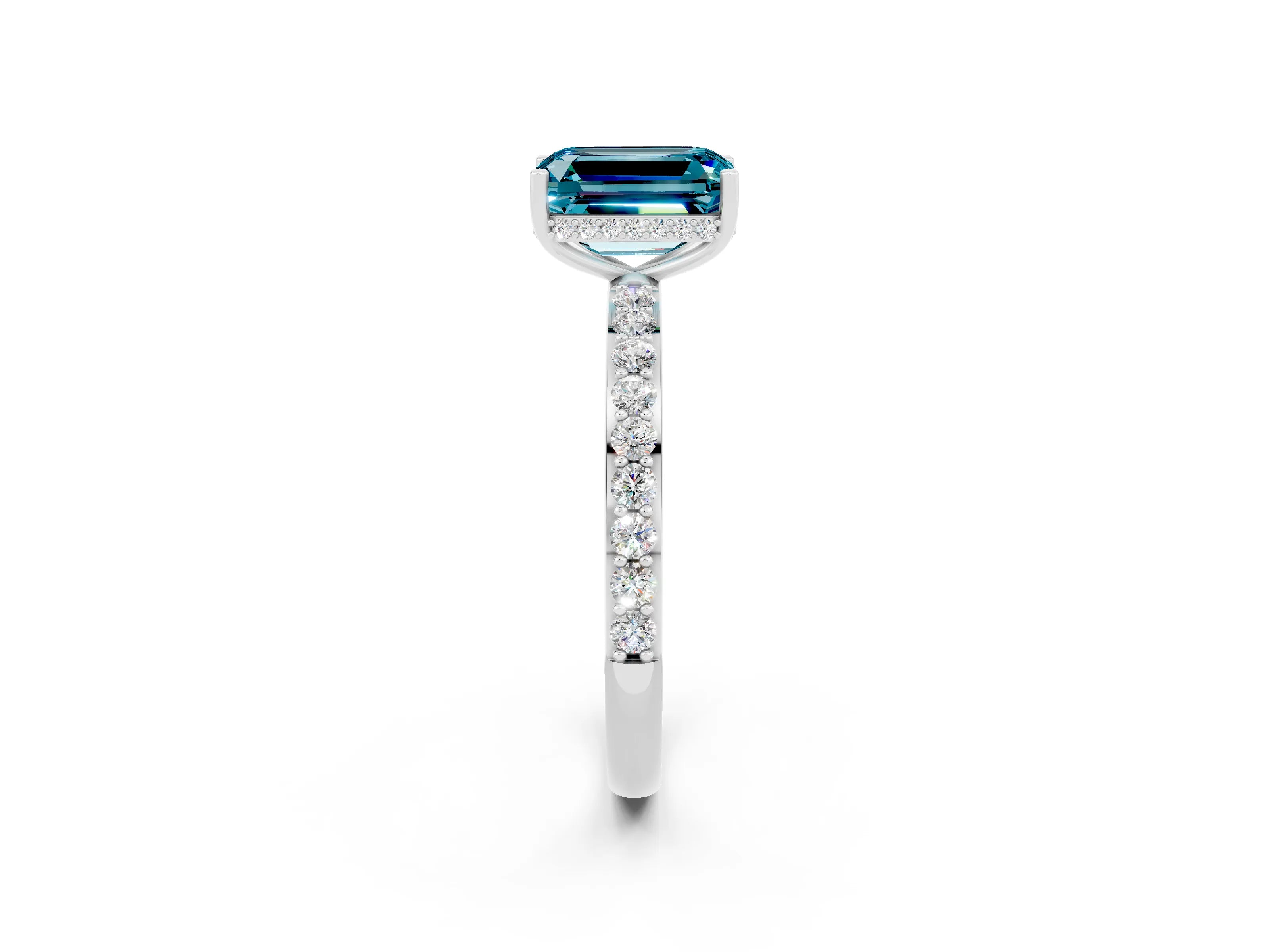 White gold Emerald Cut Blue Topaz Solitaire Ring with Pavé Band and Hidden Halo_63