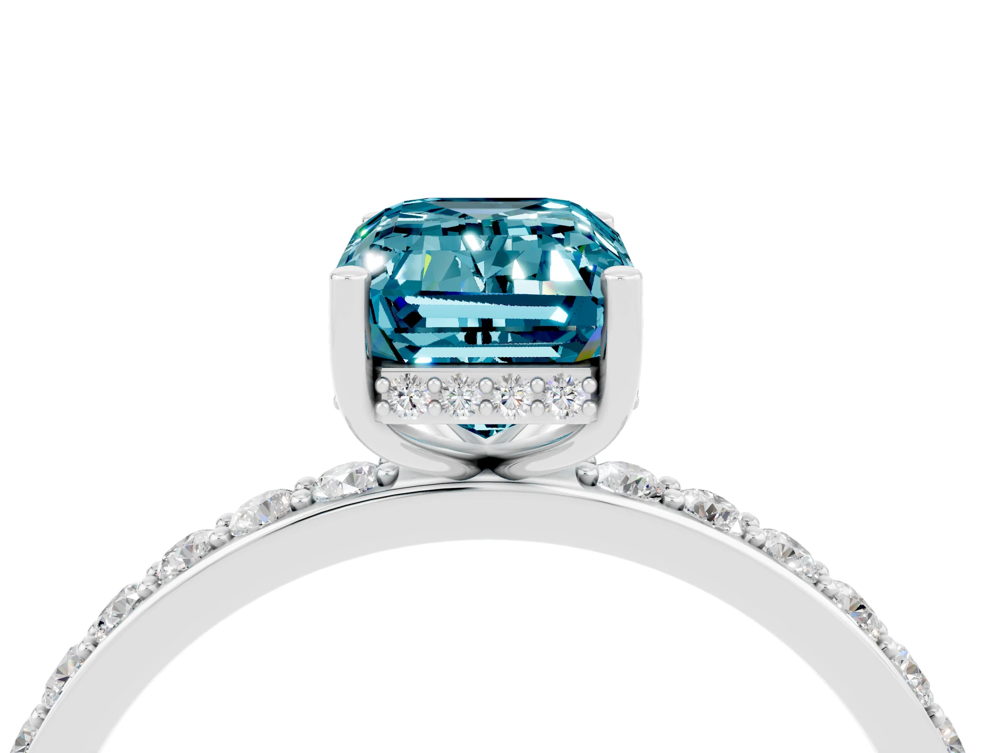 White gold Emerald Cut Blue Topaz Solitaire Ring with Pavé Band and Hidden Halo_65
