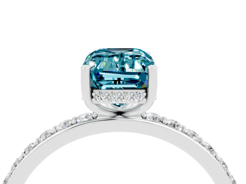 White gold Emerald Cut Blue Topaz Solitaire Ring with Pavé Band and Hidden Halo_65