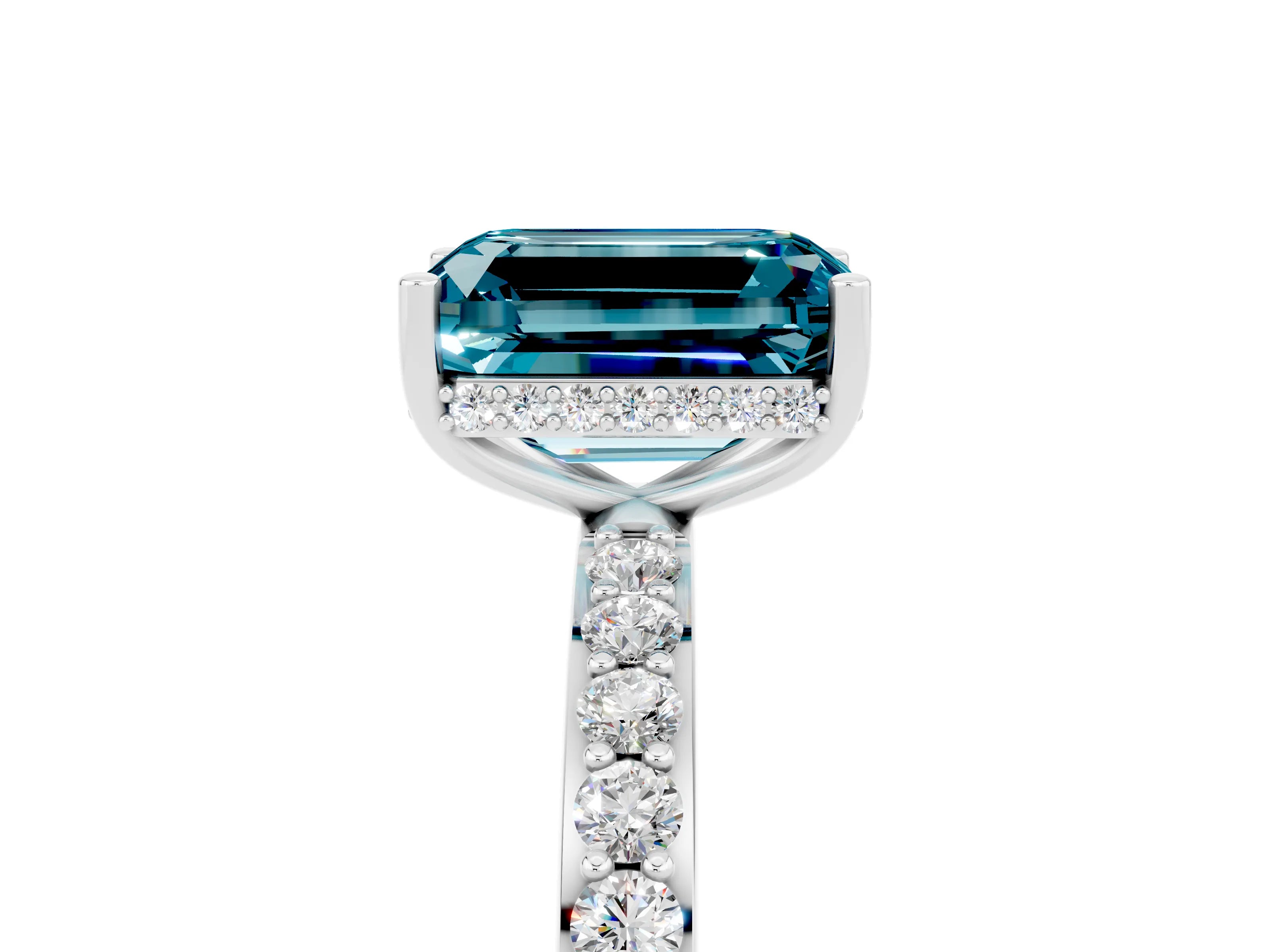 White gold Emerald Cut Blue Topaz Solitaire Ring with Pavé Band and Hidden Halo_66