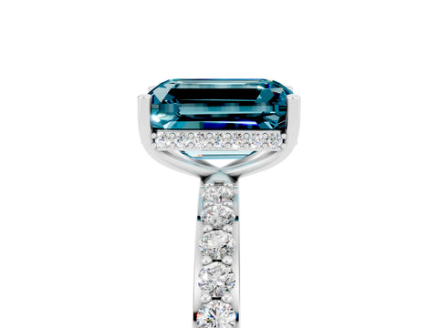 White gold Emerald Cut Blue Topaz Solitaire Ring with Pavé Band and Hidden Halo_66