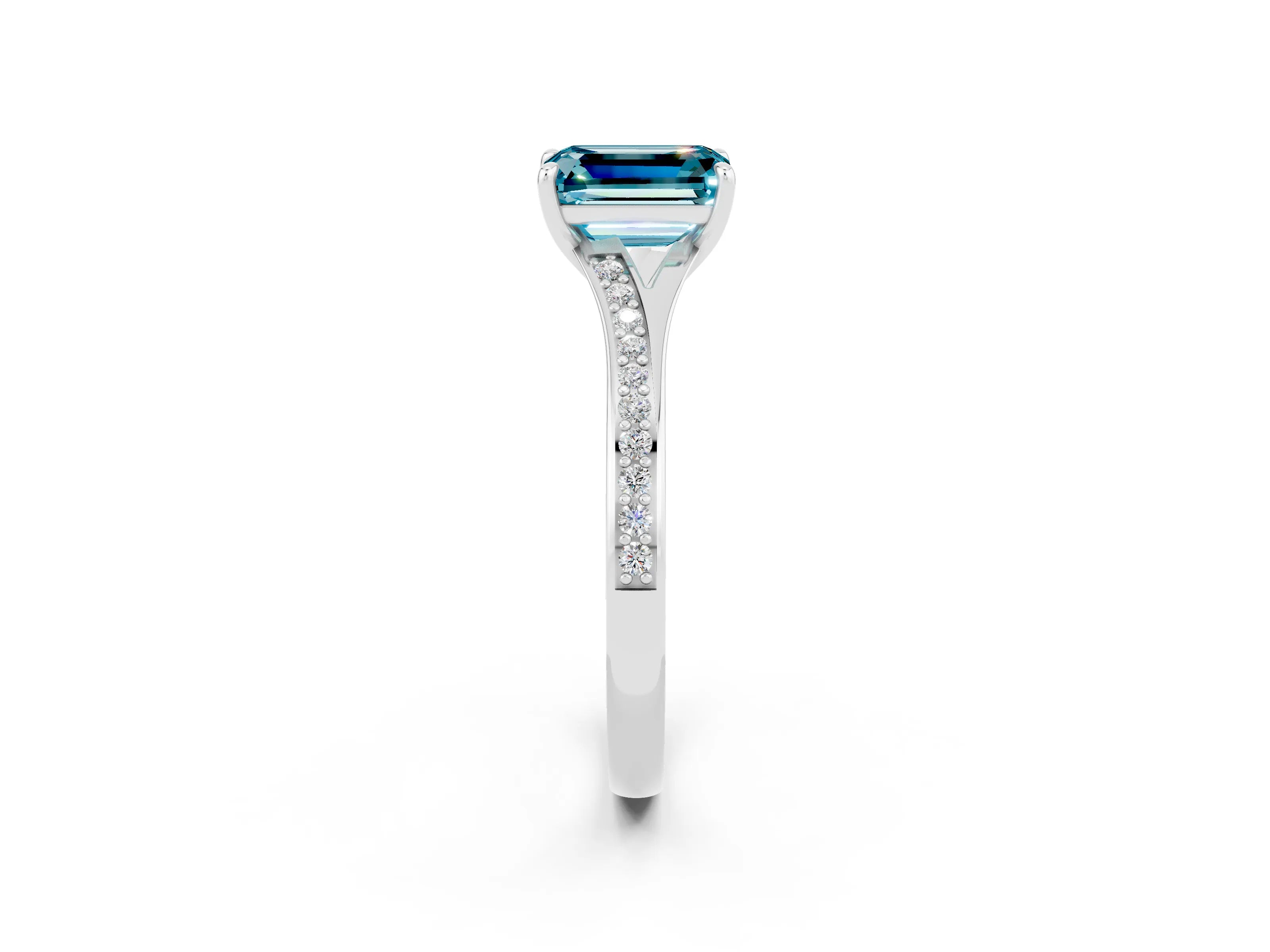 White gold Emerald Cut Blue Topaz Solitaire Ring with Pavé Band and Prong Setting_2