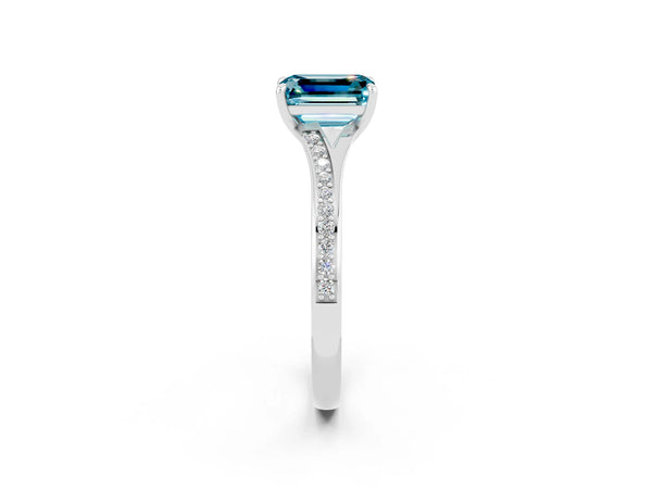 Silver Emerald Cut Blue Topaz Solitaire Ring with Pavé Band and Prong Setting