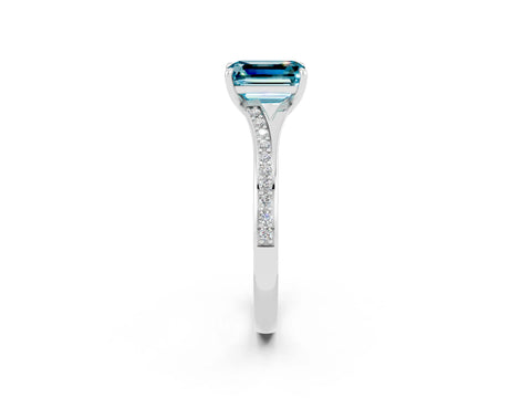 White gold Emerald Cut Blue Topaz Solitaire Ring with Pavé Band and Prong Setting_2