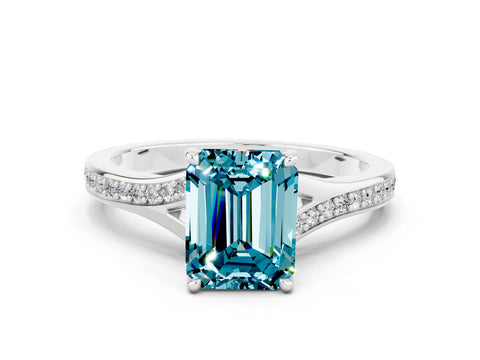 White gold Emerald Cut Blue Topaz Solitaire Ring with Pavé Band and Prong Setting_36