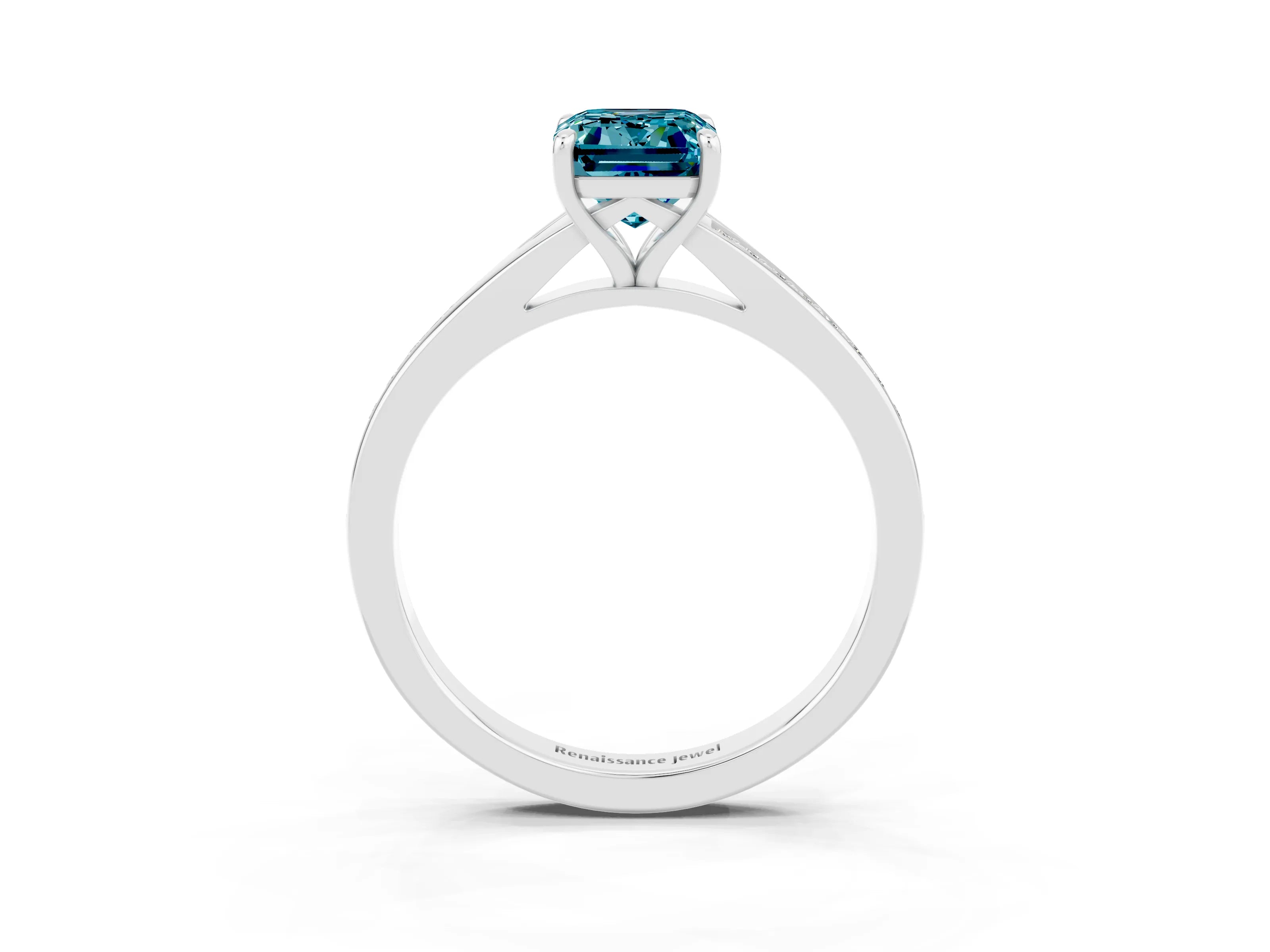 White gold Emerald Cut Blue Topaz Solitaire Ring with Pavé Band and Prong Setting_39