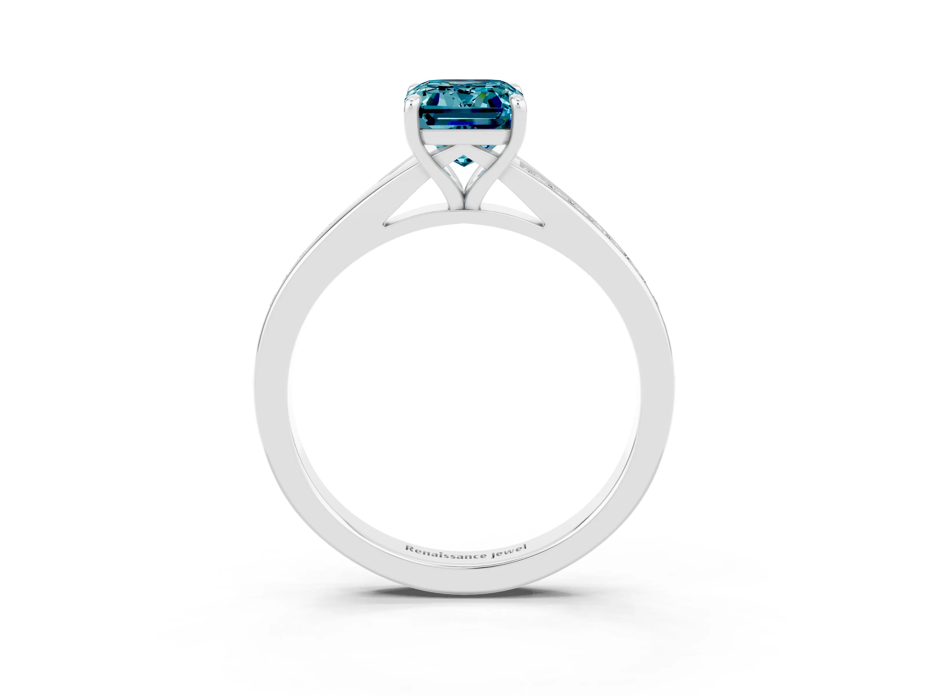White gold Emerald Cut Blue Topaz Solitaire Ring with Pavé Band and Prong Setting_3
