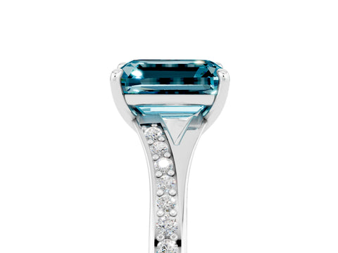 White gold Emerald Cut Blue Topaz Solitaire Ring with Pavé Band and Prong Setting_5