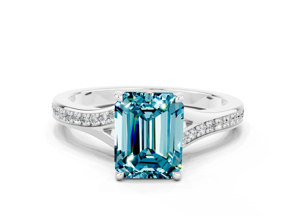 Silver Emerald Cut Blue Topaz Solitaire Ring with Pavé Band and Prong Setting