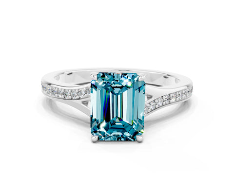 White gold Emerald Cut Blue Topaz Solitaire Ring with Pavé Band and Prong Setting