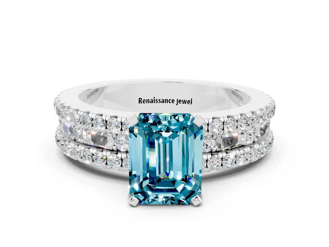 White gold Emerald Cut Blue Topaz Solitaire Ring with Pavé and Channel Set Band_24