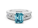 White gold Emerald Cut Blue Topaz Solitaire Ring with Pavé and Channel Set Band_24