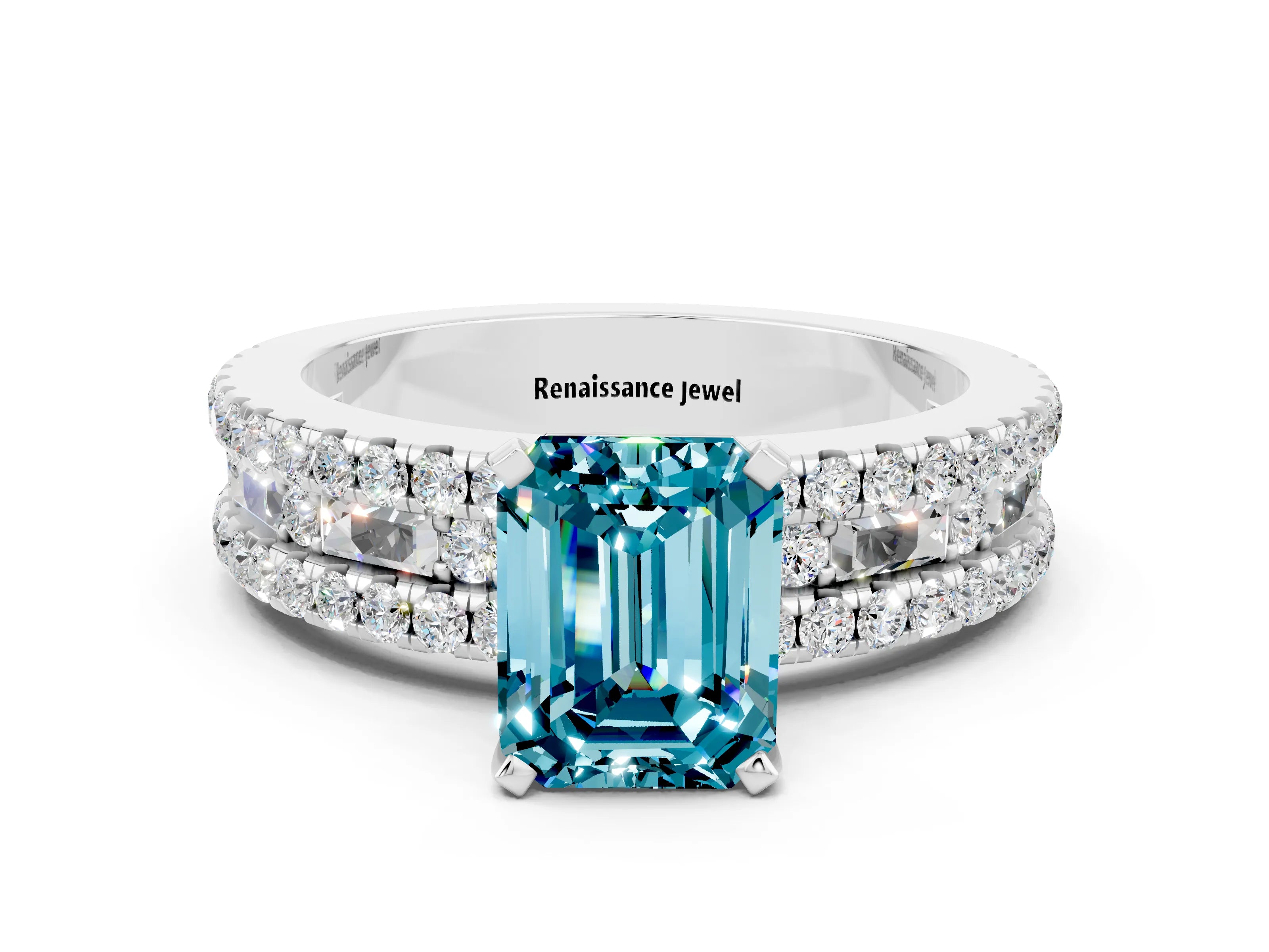 White gold Emerald Cut Blue Topaz Solitaire Ring with Pavé and Channel Set Band_24