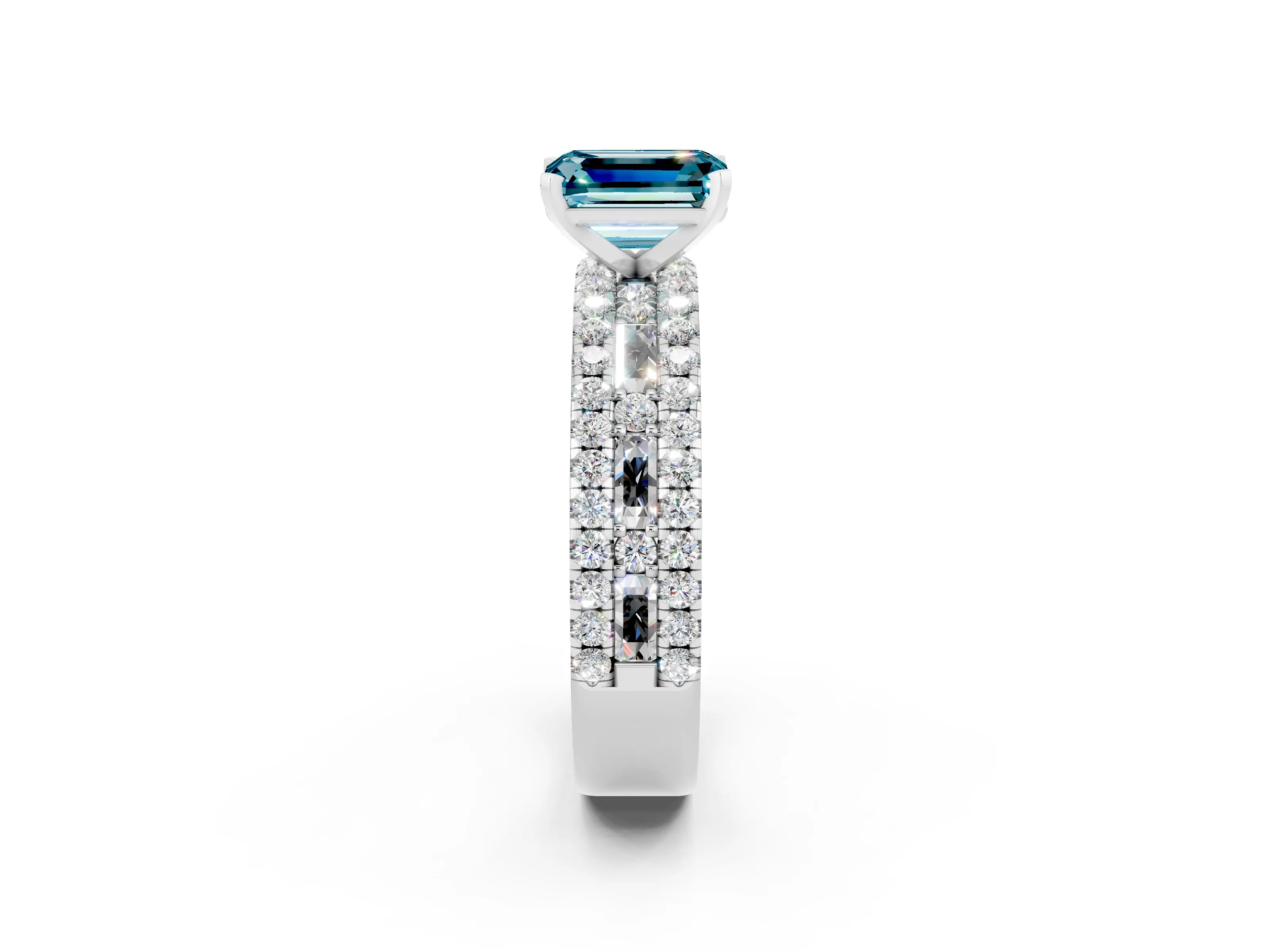 White gold Emerald Cut Blue Topaz Solitaire Ring with Pavé and Channel Set Band_26