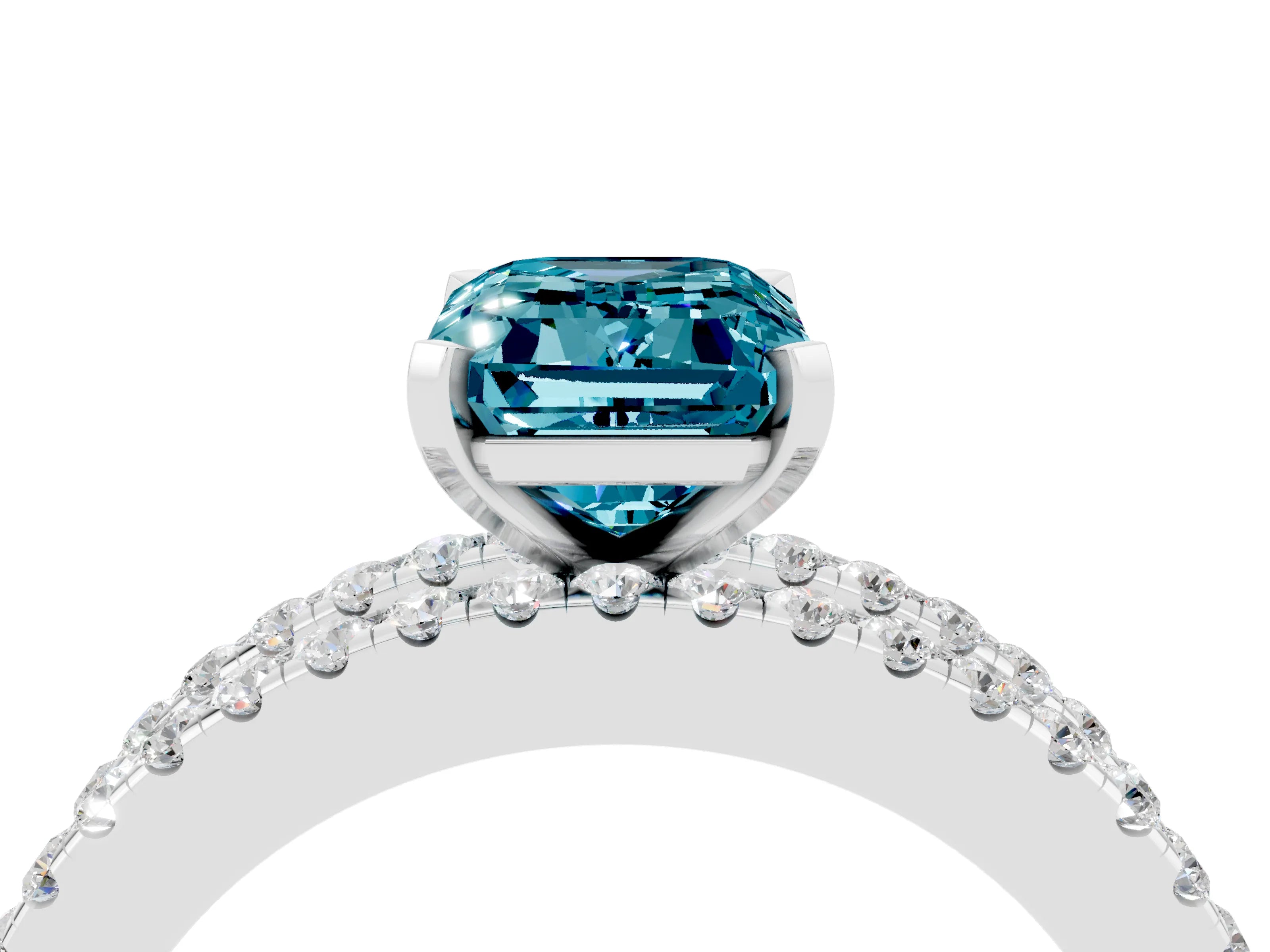 White gold Emerald Cut Blue Topaz Solitaire Ring with Pavé and Channel Set Band_28