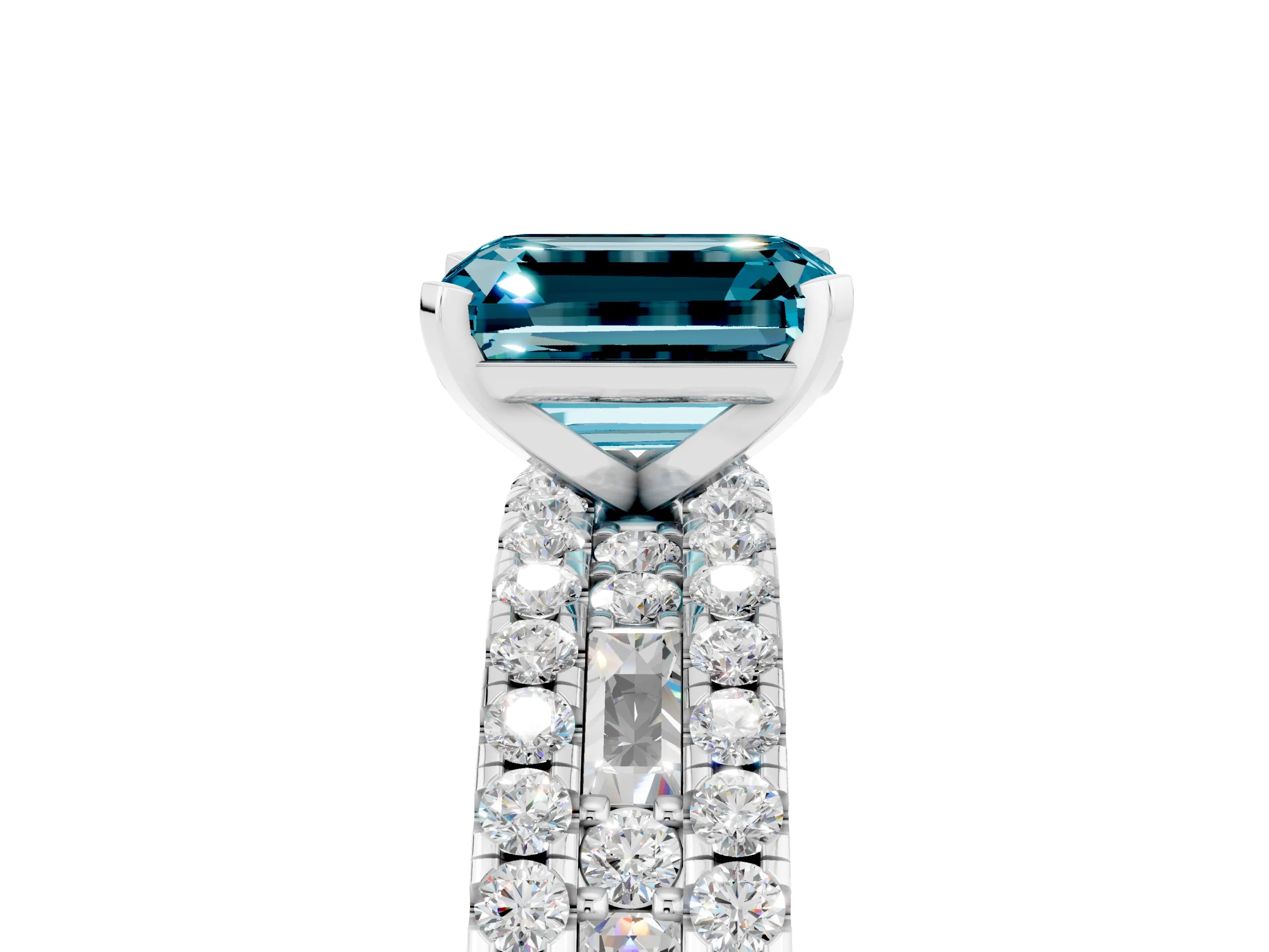 White gold Emerald Cut Blue Topaz Solitaire Ring with Pavé and Channel Set Band_29