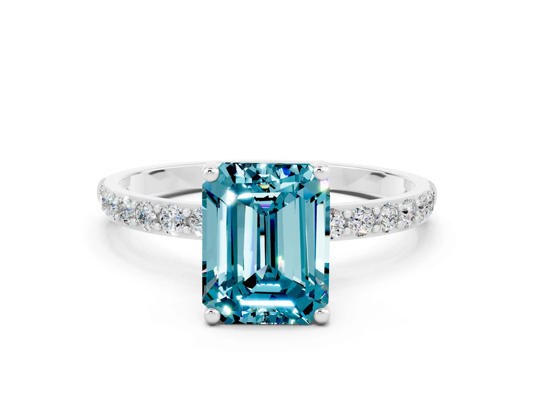 White gold Emerald Cut Blue Topaz Solitaire Ring with Pave Band and Four Prong Setting_12