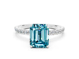 White gold Emerald Cut Blue Topaz Solitaire Ring with Pave Band and Four Prong Setting_12