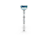 White gold Emerald Cut Blue Topaz Solitaire Ring with Pave Band and Four Prong Setting_14