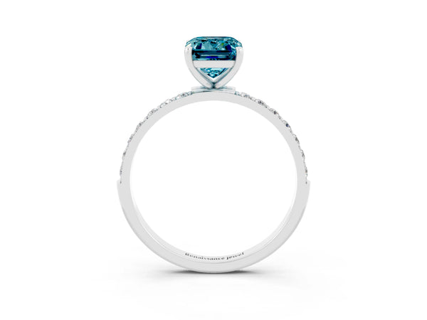 Silver Emerald Cut Blue Topaz Solitaire Ring with Round  Pavé Band and Prong Setting