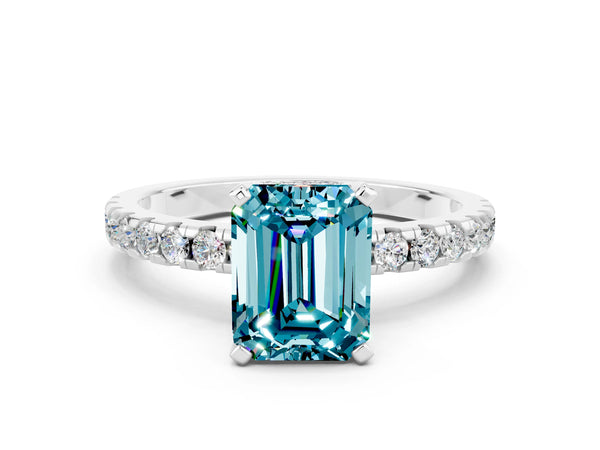 White gold Emerald Cut Blue Topaz Solitaire Ring with Round  Pavé Band and Four-Prong Setting