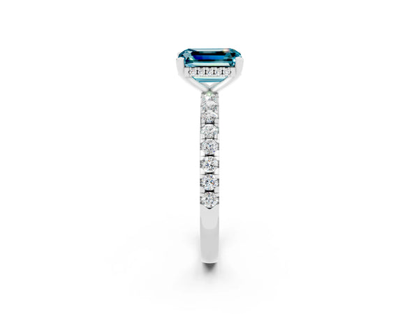 White gold Emerald Cut Blue Topaz Solitaire Ring with Round  Pavé Band and Four-Prong Setting