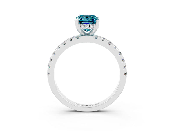 White gold Emerald Cut Blue Topaz Solitaire Ring with Round  Pavé Band and Four-Prong Setting
