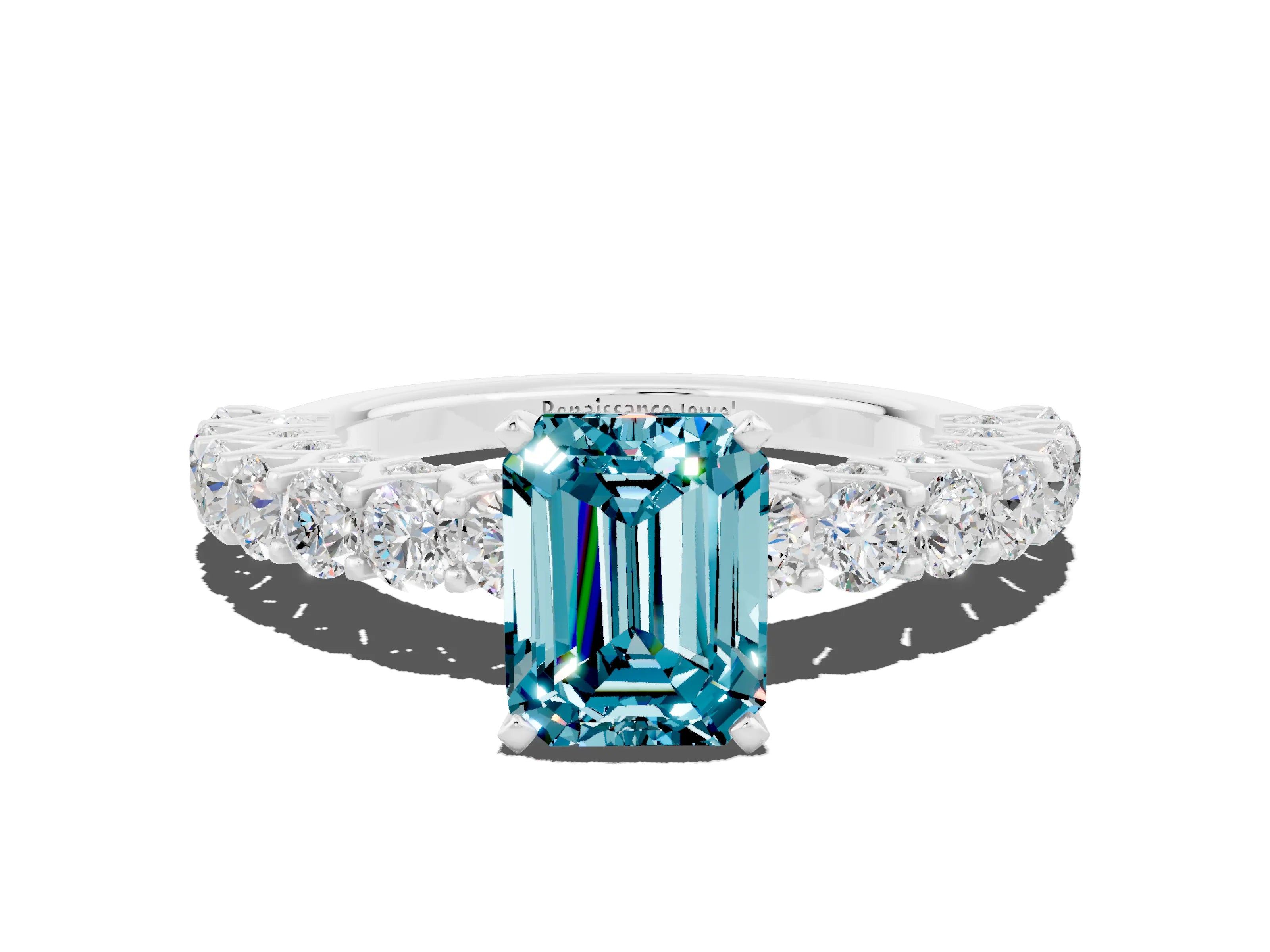 White gold Emerald Cut Blue Topaz Solitaire Ring with Shared Prong Pavé Band and Four-Prong Setting