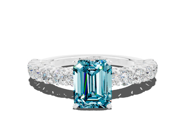 White gold Emerald Cut Blue Topaz Solitaire Ring with Shared Prong Pavé Band and Four-Prong Setting