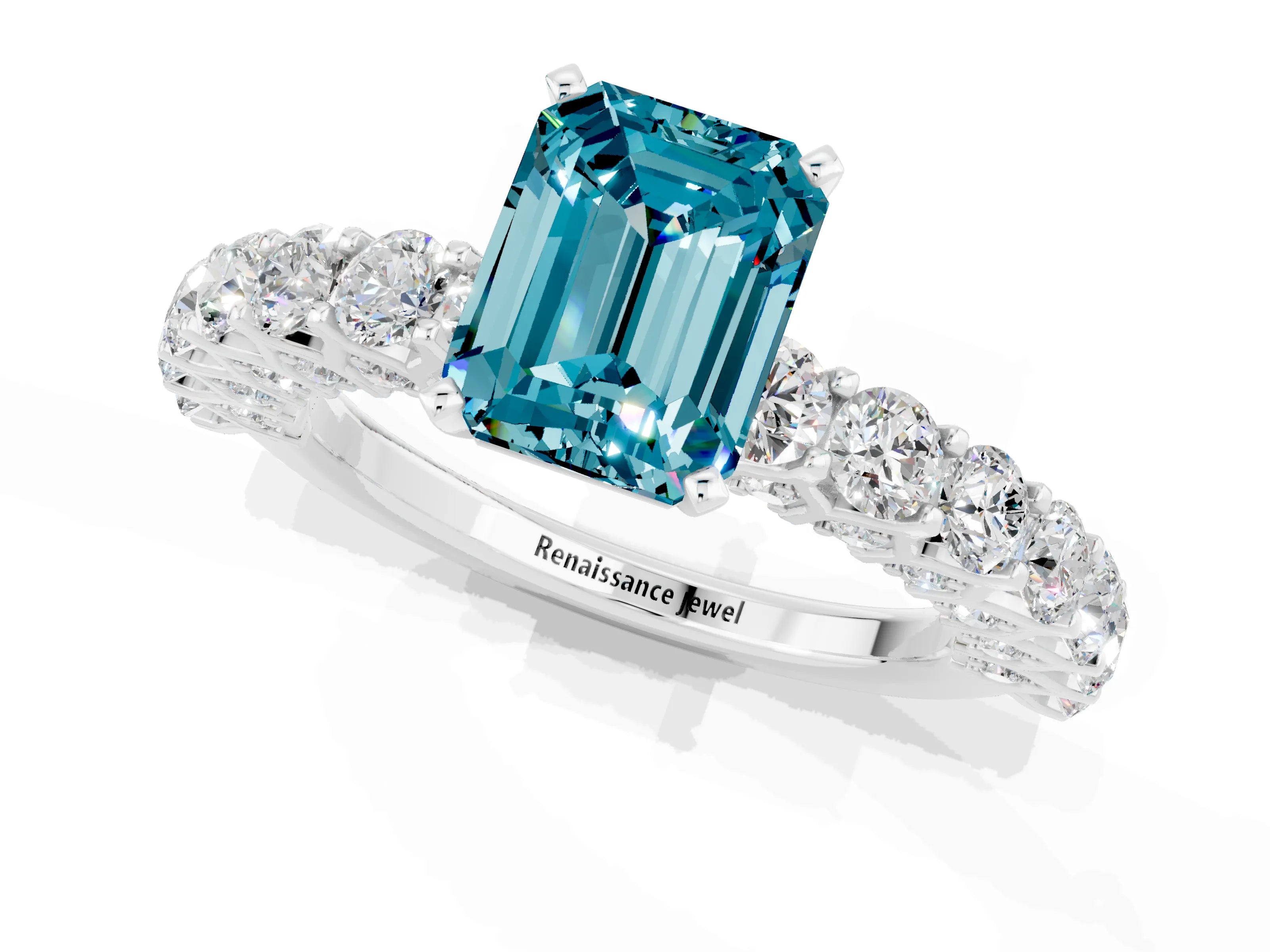 White gold Emerald Cut Blue Topaz Solitaire Ring with Shared Prong Pavé Band and Four-Prong Setting_1