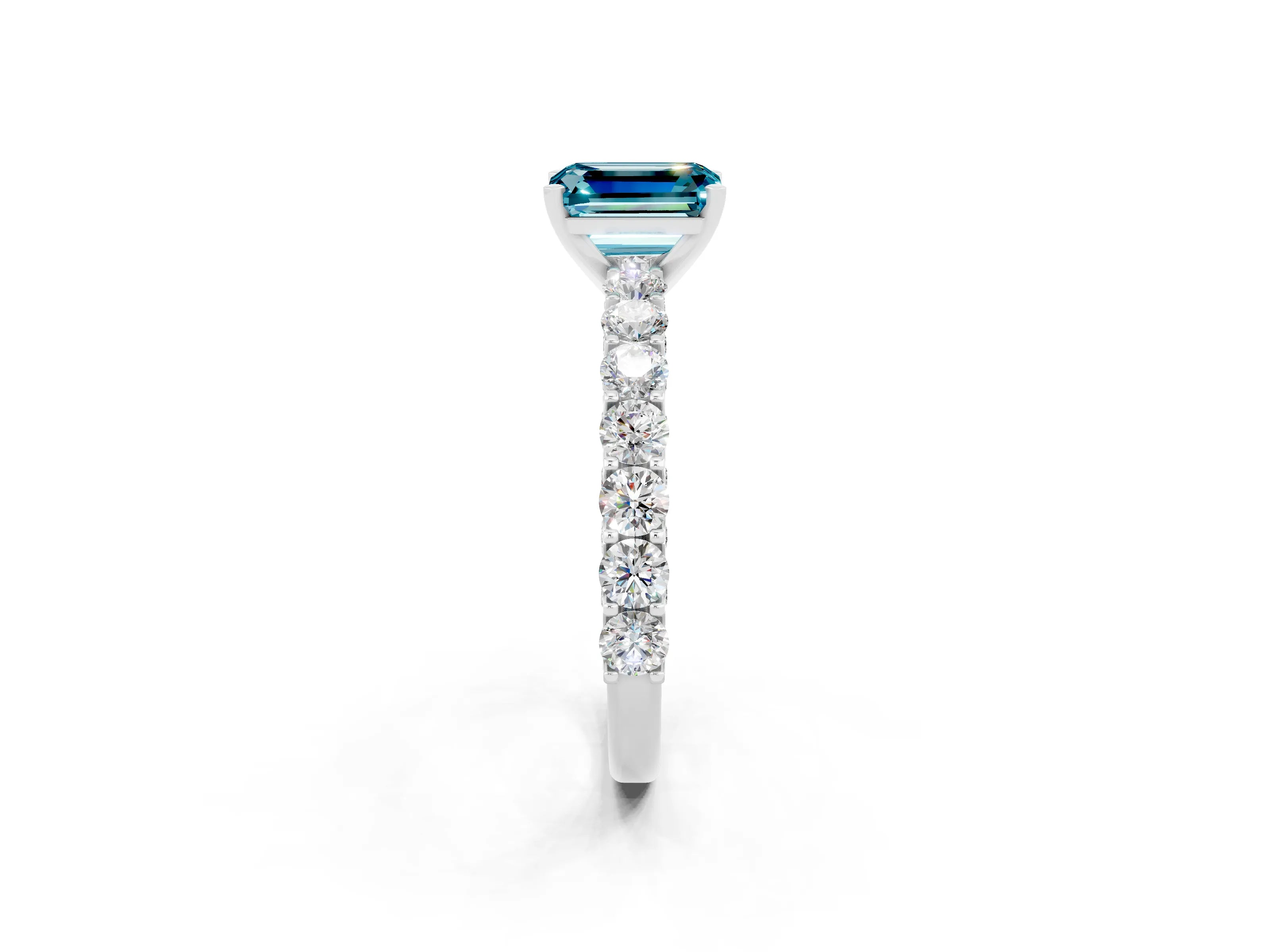 White gold Emerald Cut Blue Topaz Solitaire Ring with Shared Prong Pavé Band and Four-Prong Setting_2