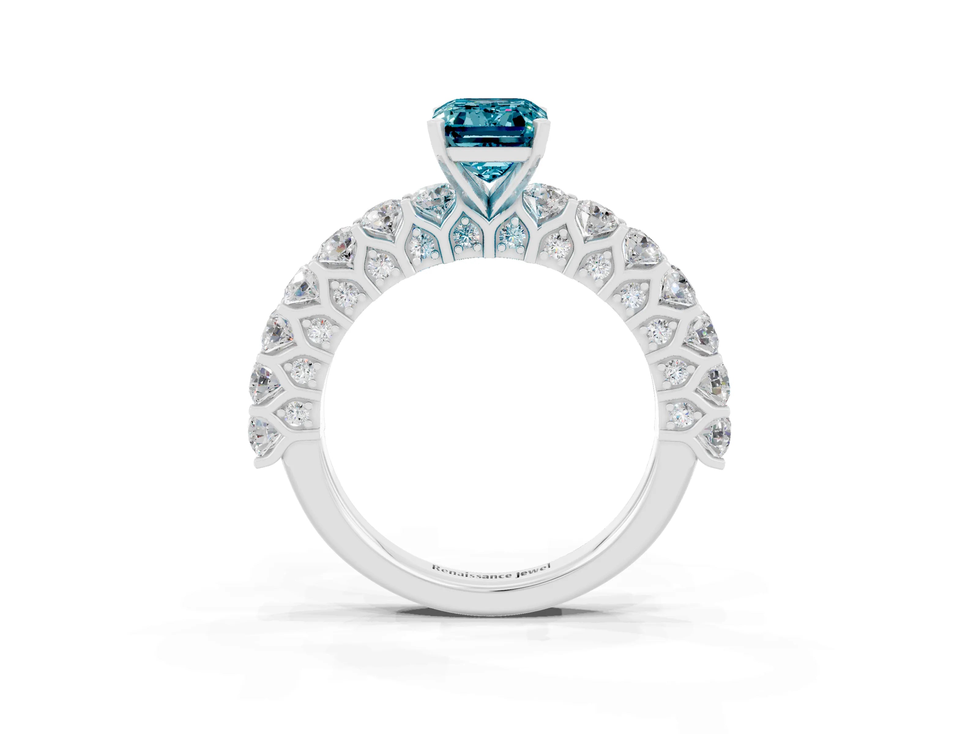 White gold Emerald Cut Blue Topaz Solitaire Ring with Shared Prong Pavé Band and Four-Prong Setting_3