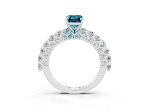 White gold Emerald Cut Blue Topaz Solitaire Ring with Shared Prong Pavé Band and Four-Prong Setting_3