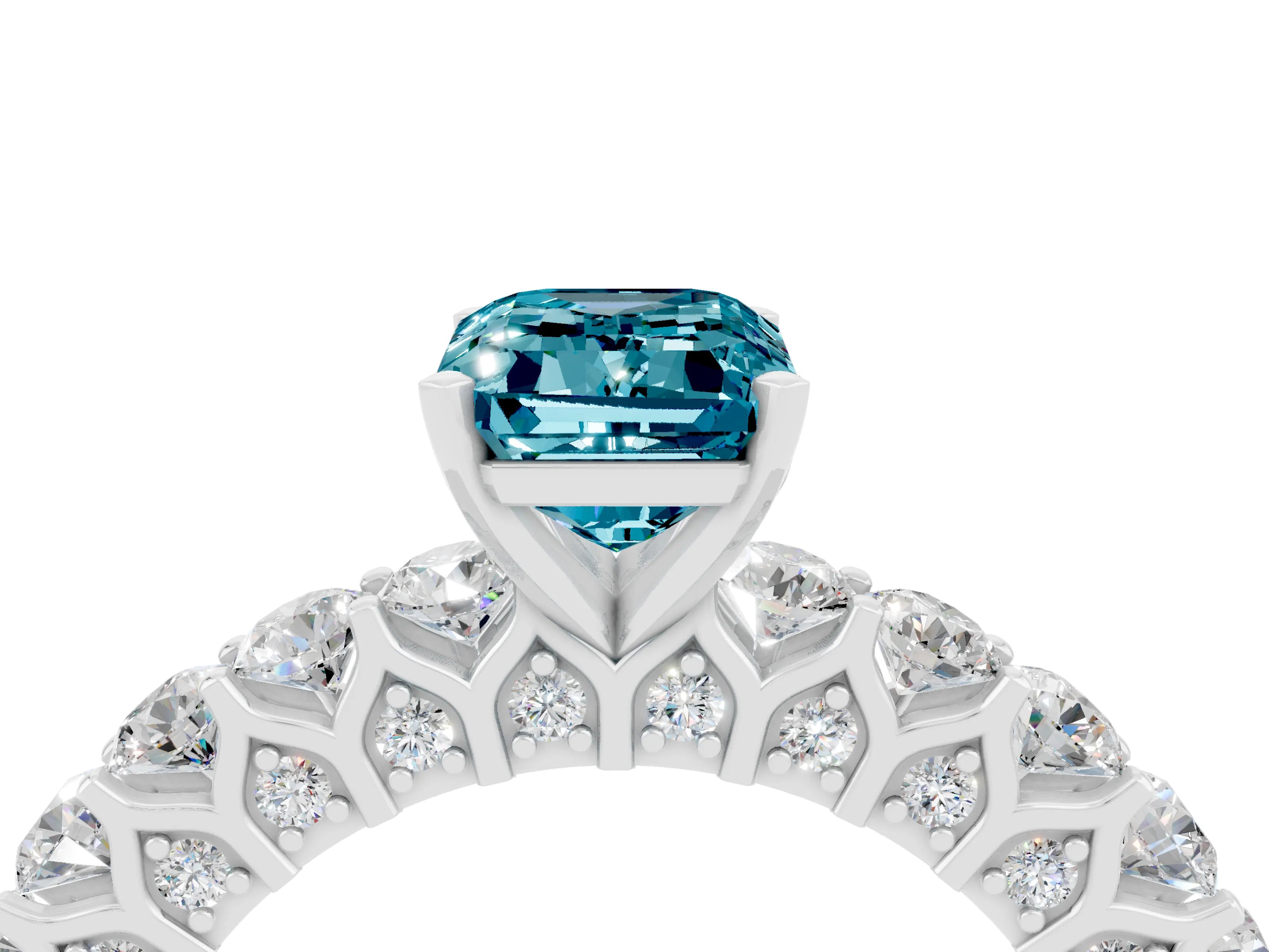White gold Emerald Cut Blue Topaz Solitaire Ring with Shared Prong Pavé Band and Four-Prong Setting_4