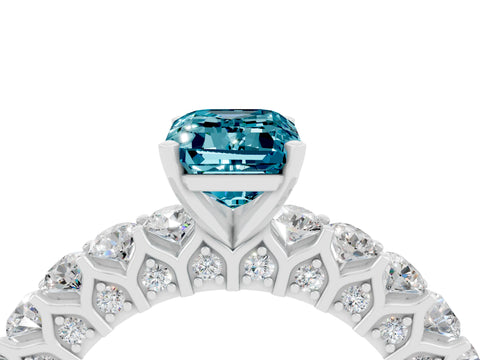 White gold Emerald Cut Blue Topaz Solitaire Ring with Shared Prong Pavé Band and Four-Prong Setting_4
