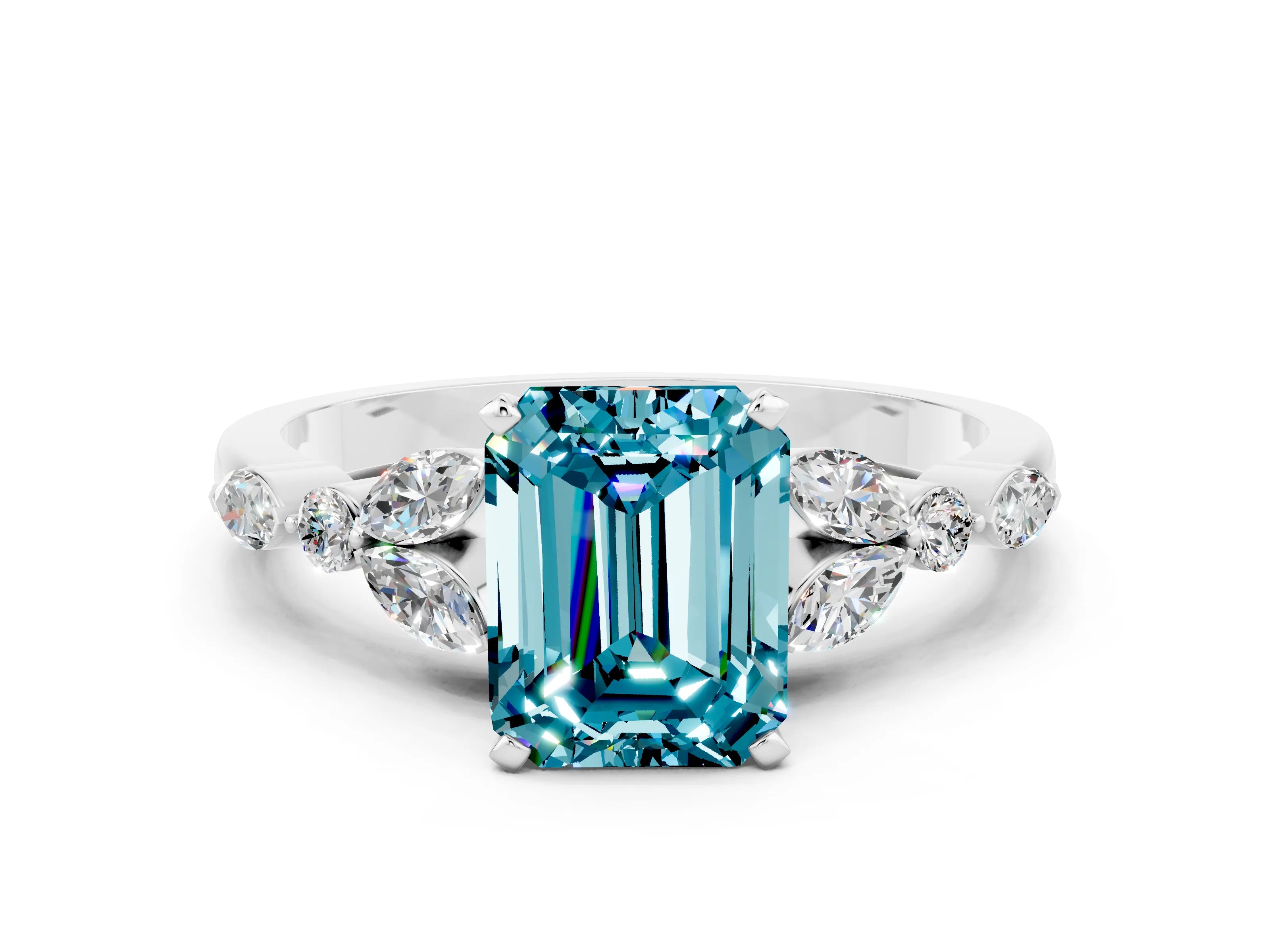 White gold Emerald Cut Blue Topaz Solitaire Ring with Side Stones and Four-Prong Setting_24