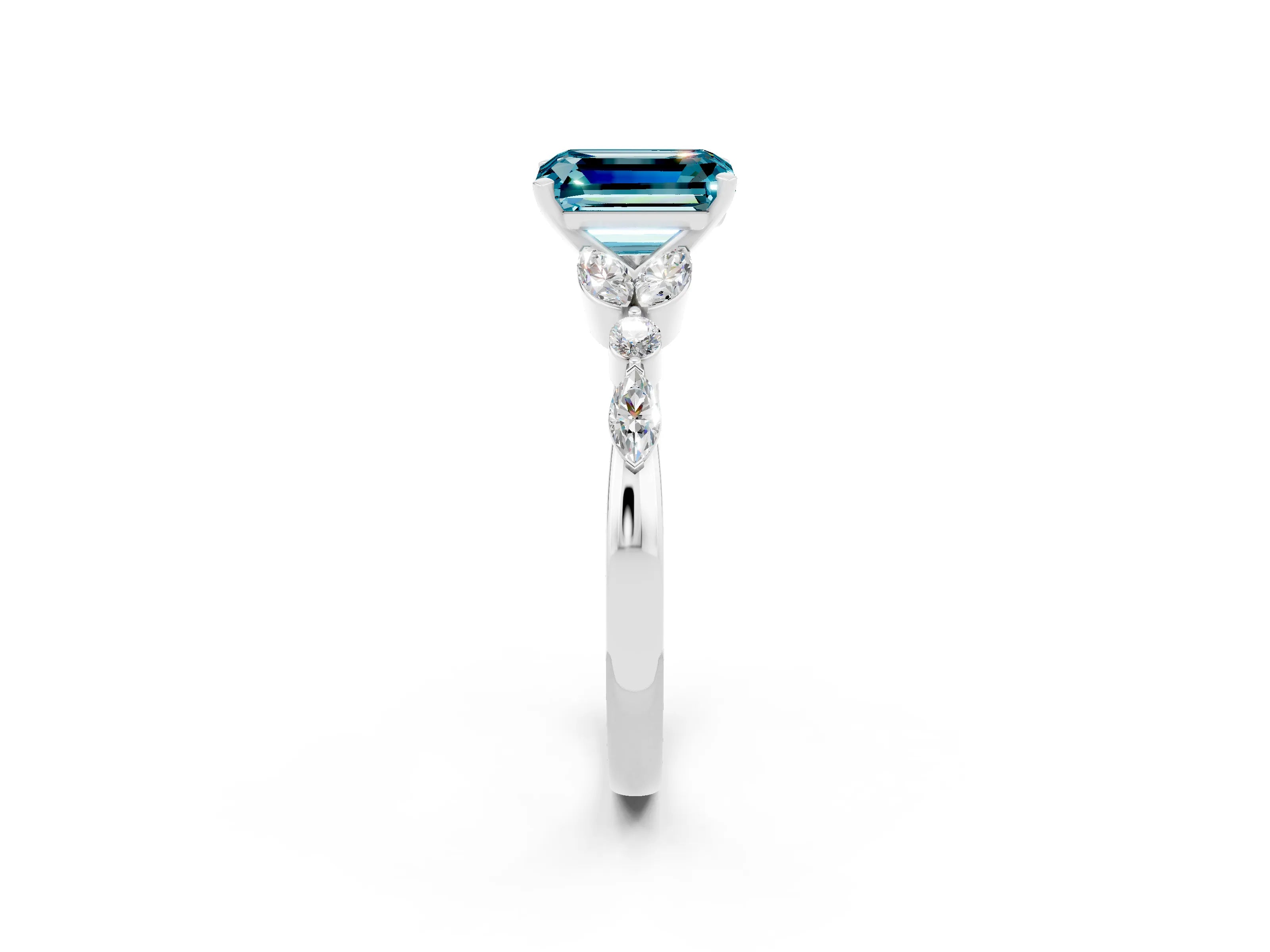 White gold Emerald Cut Blue Topaz Solitaire Ring with Side Stones and Four-Prong Setting_26