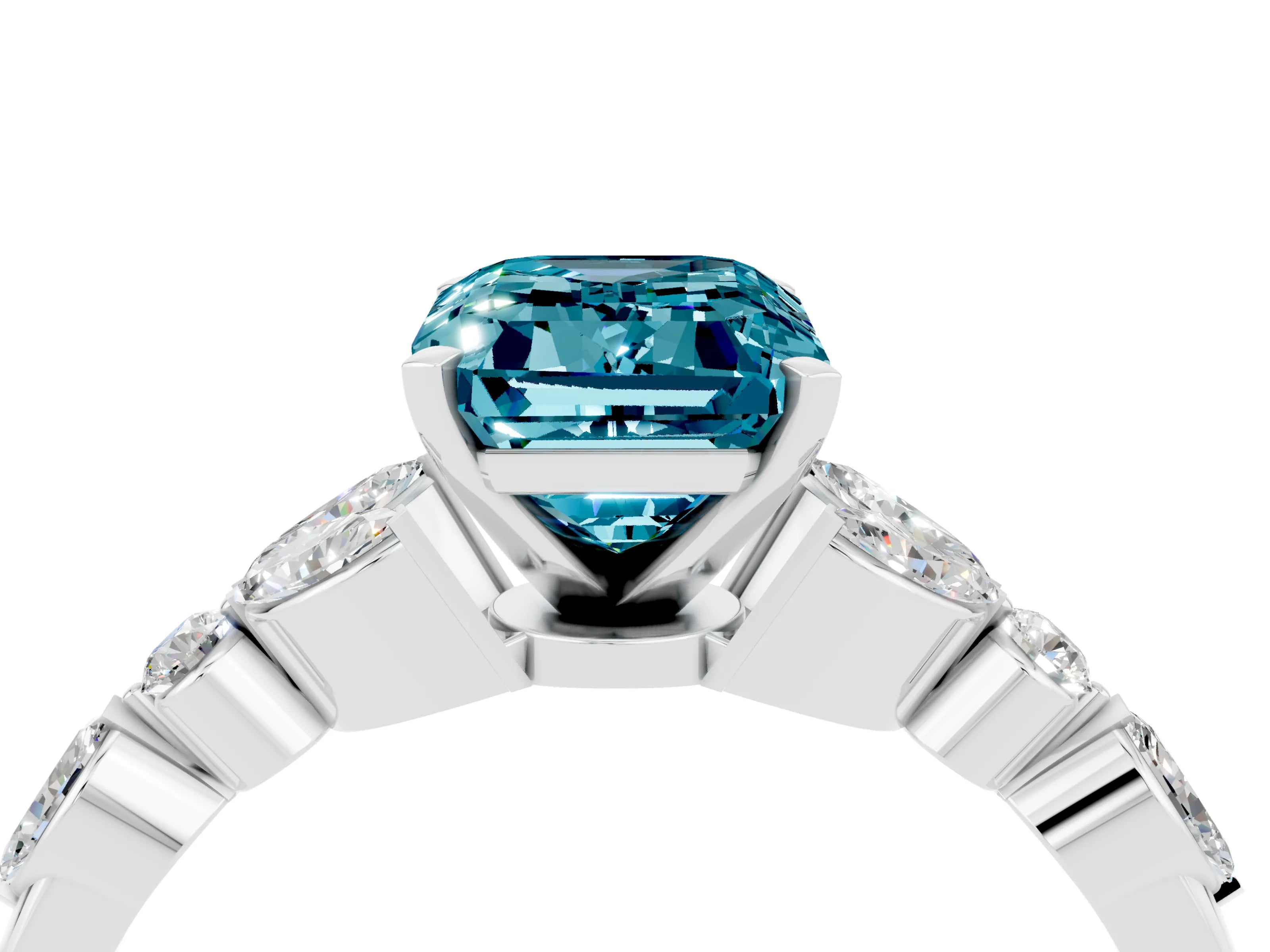 White gold Emerald Cut Blue Topaz Solitaire Ring with Side Stones and Four-Prong Setting_28