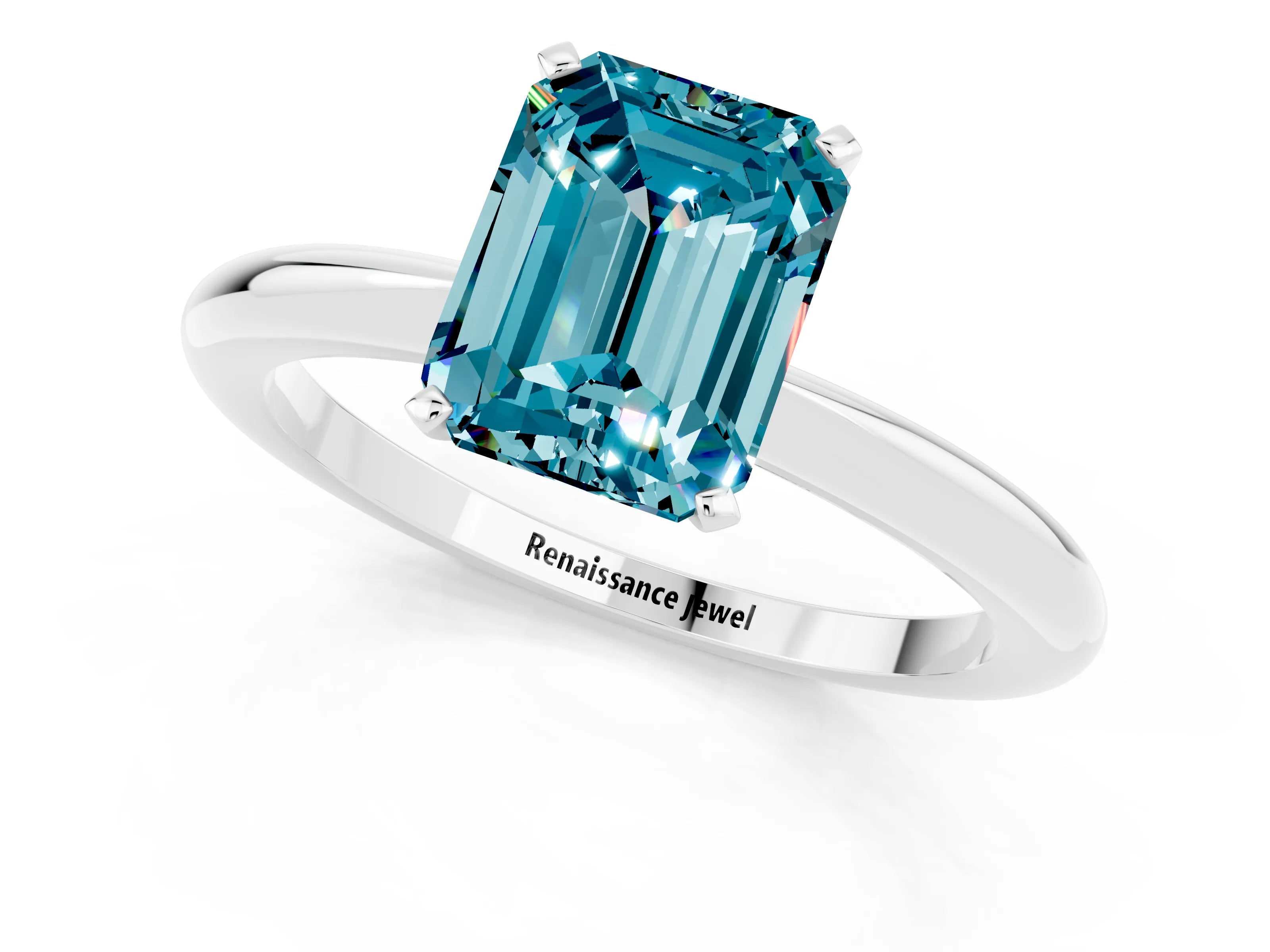 White gold Emerald Cut Blue Topaz Solitaire Ring with Six-Prong Setting and Classic Band_13