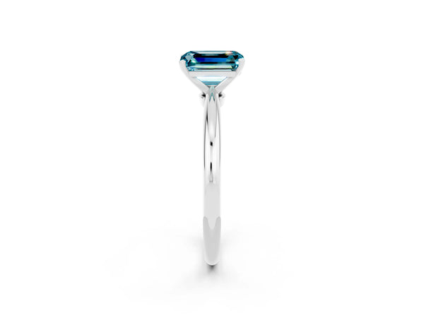 Silver Emerald Cut Blue Topaz Solitaire Ring with Six-Prong Setting and Classic Band