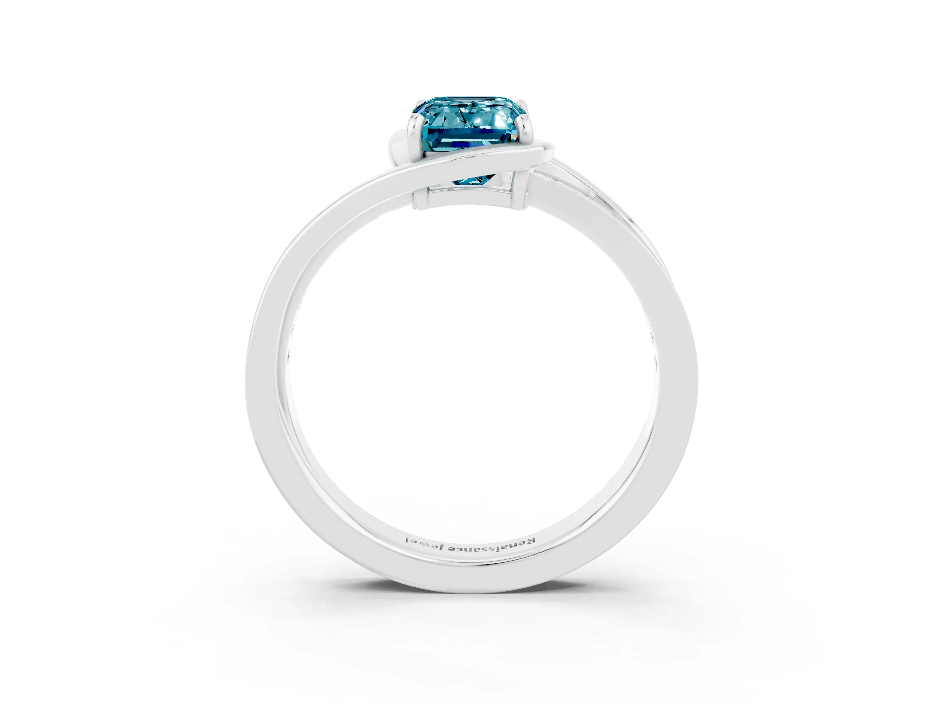 White gold Emerald Cut Blue Topaz Solitaire Ring with Split Shank and Prong Setting_3
