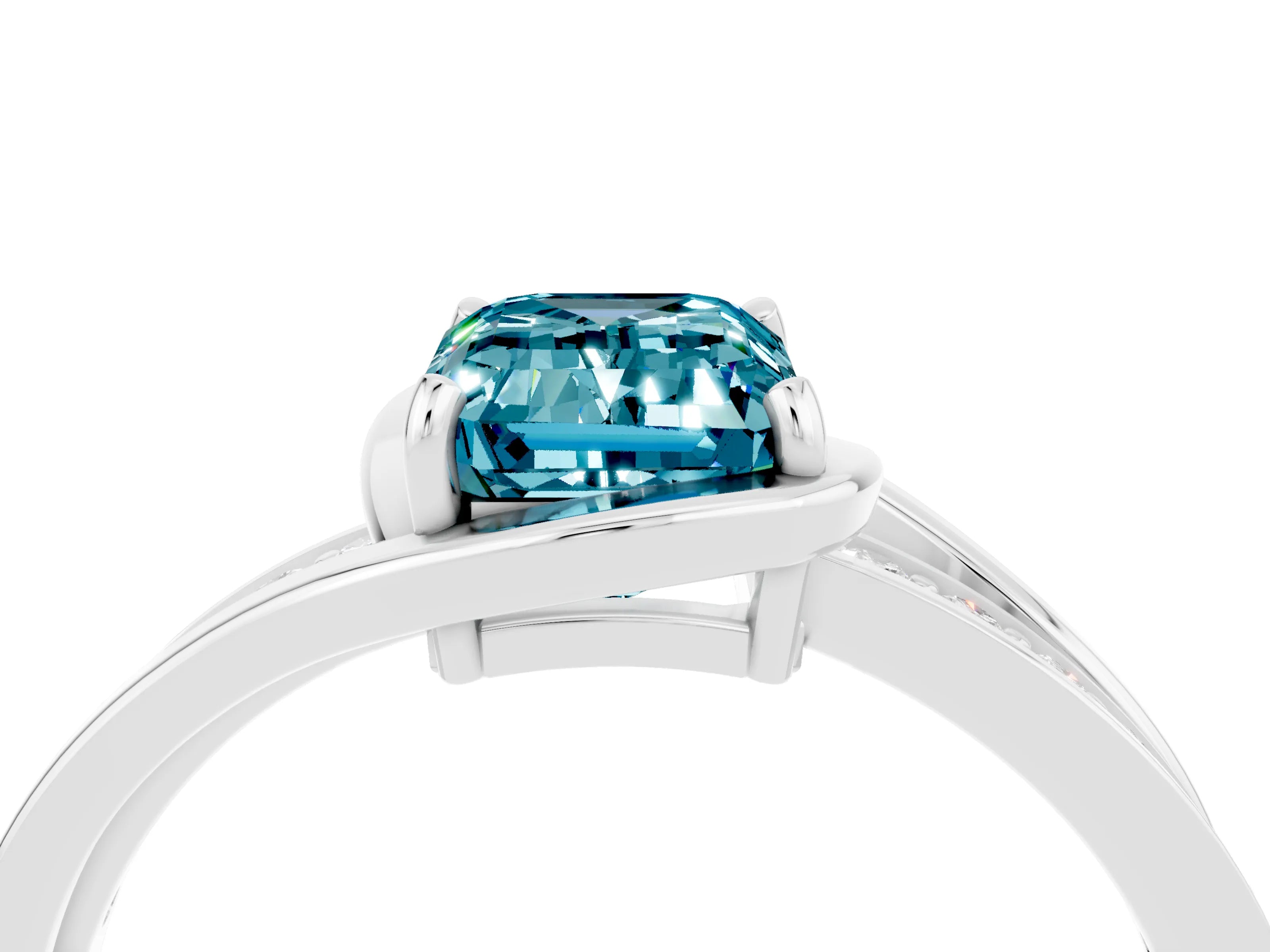 White gold Emerald Cut Blue Topaz Solitaire Ring with Split Shank and Prong Setting_4
