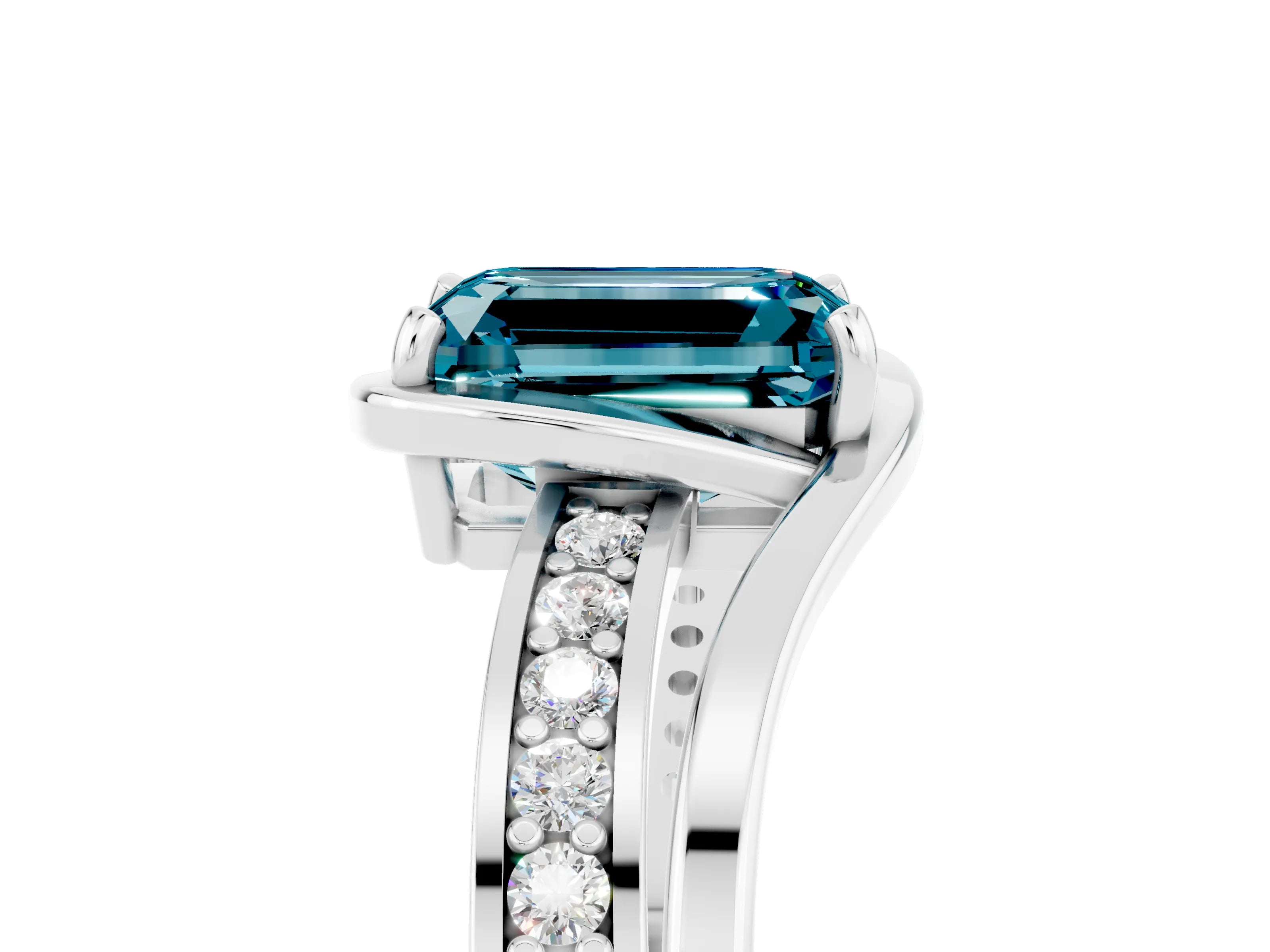 White gold Emerald Cut Blue Topaz Solitaire Ring with Split Shank and Prong Setting_5