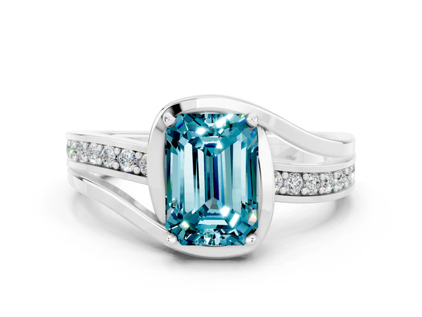 White gold Emerald Cut Blue Topaz Solitaire Ring with Split Shank and Prong Setting